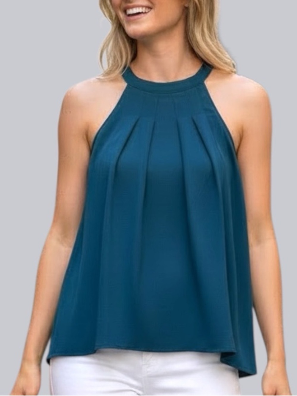 Cyanstyle Cerulean Blue Reverse Pleat Sleeveless Halter Blouse Women’s Size S